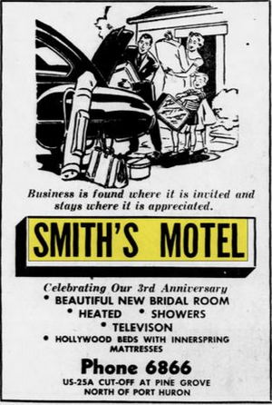 Smiths Motel (Northway Inn, Gaslite Motor Lodge, Shulz Bavarian Inn & Motel) - June 1952 Ad (newer photo)
